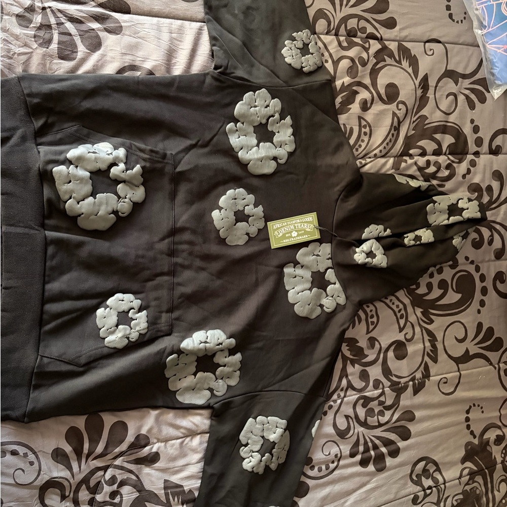 Men's Black Puffer Hoodie with Gray Floral Puff Accents